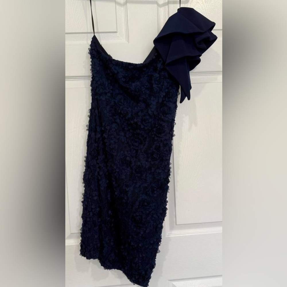 Betsy & Adam Navy One-Shoulder Ruffled Cocktail Dress